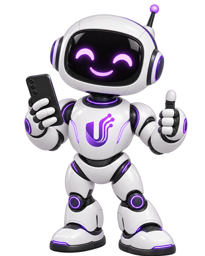 Robô Ultimate Fibra segurando um celular