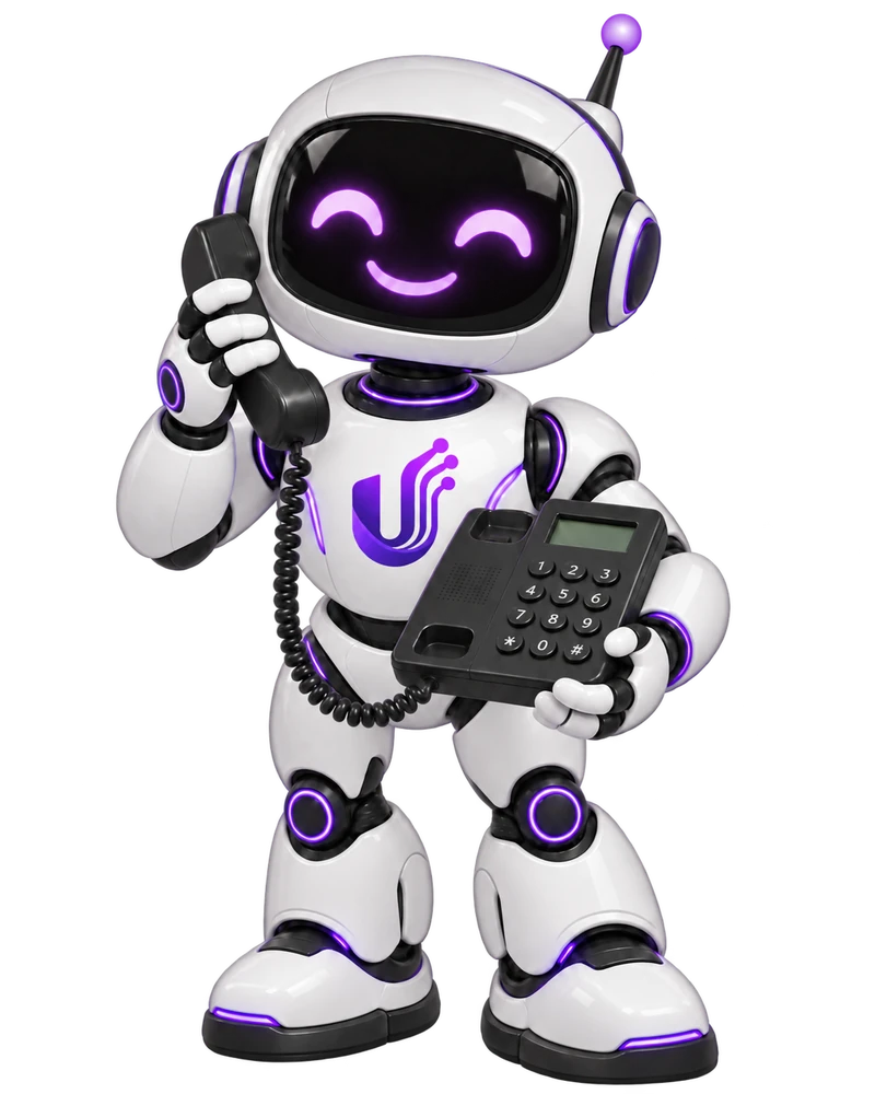 Robô Ultimate Fibra segurando um telefone fixo